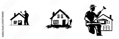 Set of black icons depicting home improvement activities and construction work