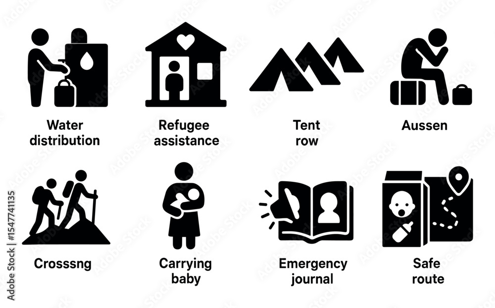 Obraz premium Emergency response silhouette icon set: disaster relief, refugee aid essentials