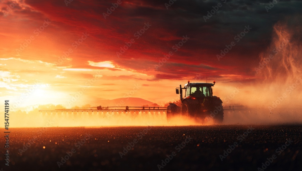 Fototapeta premium Tractor Spraying Field at Sunset Agricultural Landscape under Fiery Sky