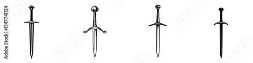 Collection of black icons depicting different types of swords with detailed hilt designs showcased on a plain background