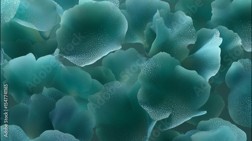 Teal Flower Petals with Dew Drops in Macro Abstract Style