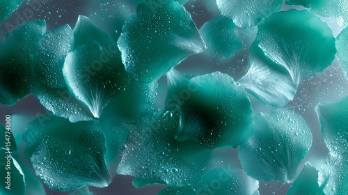Teal Flower Petals with Dew Drops in Macro Abstract Style