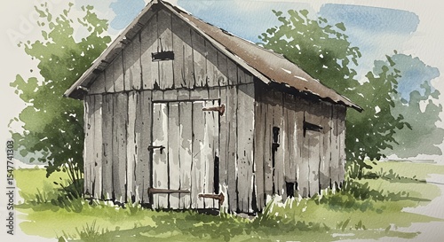Weathered Wooden Shed in a Summer Meadow, Watercolor Landscape