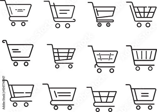 A selection of shopping cart icons is presented, offering a versatile design for e-commerce, retail, and shopping themes. These icons represent a classic symbol of commerce.