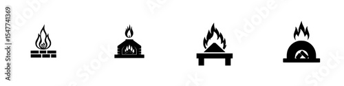 Set of black icons representing various types of flames, fire pits, and cooking styles for creative designs