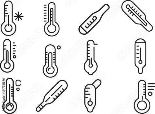 A collection of meticulously crafted thermometer icons, each a symbol of precision and accuracy, representing a spectrum of temperature readings and applications.