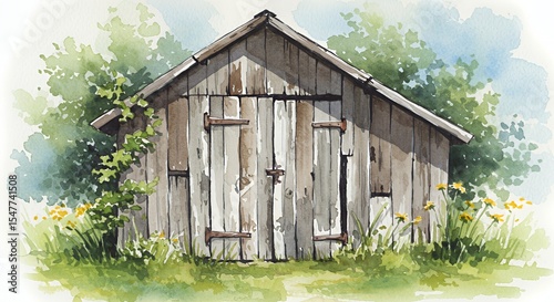 Rustic Wooden Shed Nestled in a Verdant Summer Meadow