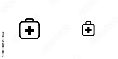 Black icon of a medical first aid kit displayed in two sizes on a minimalist background