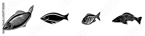 Black icons of various fish designs showcasing detailed line work, perfect for graphic projects or seafood-themed illustrations