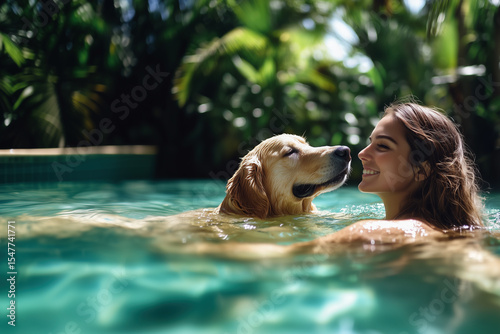 Happy woman having fun and relaxing with golden Labrador retriever in outdoor swimming pool with clear water. Popular dog breed like companion, outdoor activity, game with family pet on summer holiday