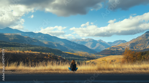 Solo traveler takes a roadside break to enjoy epic mountain views. That golden hour moment when the drive slows down and the landscape steals your breath.