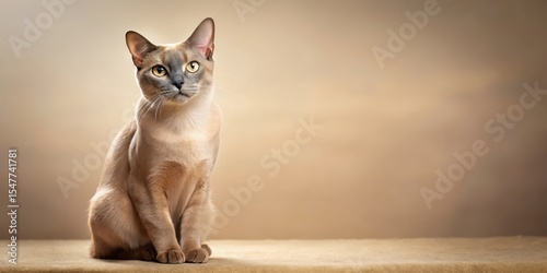 Sleek Burmese cat sitting on a beige light background with its fur glistening in the soft illumination, hair, breed, hair,breed,background photo