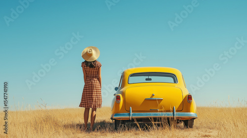 Woman in red dress walks near yellow retro car on summer day. Clear sky, golden field, peaceful moment of road trip escape and wanderlust. Captures freedom, nature, color, and vintage travel vibes
