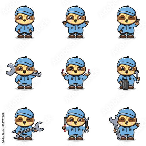 Vector Illustration of Sloth Mechanic Cartoon Character. Mechanic Character Vector Illustration. Sloth Character animal. Mechanic Mascot.