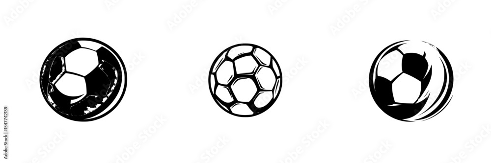 Fototapeta premium Black icon set of three soccer balls in different styles representing motion, design, and sport aesthetics for creative projects