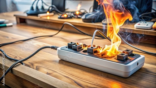 A burning electrical surge protector with melted plastic and wires exposed on a wooden table in a cluttered office workspace, electrical surge protector on fire, electrical equipment damage