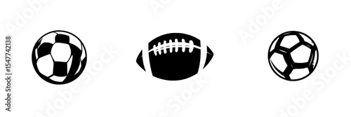 Black icon set featuring soccer and football ball designs on a white background with a minimalist style for sports themes