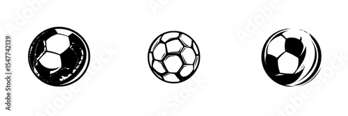 Black icon set of three soccer balls in different styles representing motion, design, and sport aesthetics for creative projects