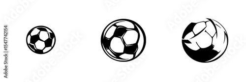 Set of black soccer ball icons showcasing various sizes and designs ideal for sports graphics and illustrations