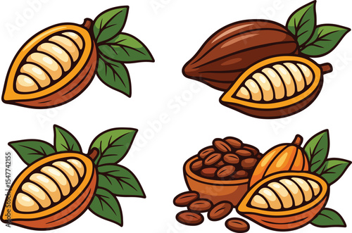 Illustrations of Cacao Pods Beans and Leaves on a White Background Perfect for Chocolate Designs