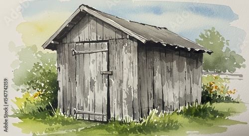 Weathered Wooden Shed in a Verdant Setting: A Watercolor Painting