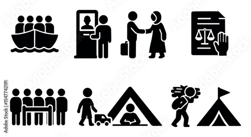 Migration, refugee solid icon set. humanitarian aid, crisis icons collection