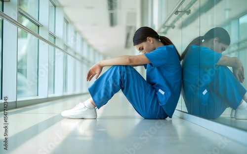 Exhausted nurse sitting alone in hospital corridor after a long shift
