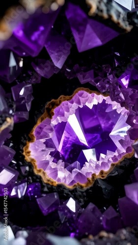 Close-up view of a sparkling amethyst geode with vibrant purple crystals against a dark rough stone background.