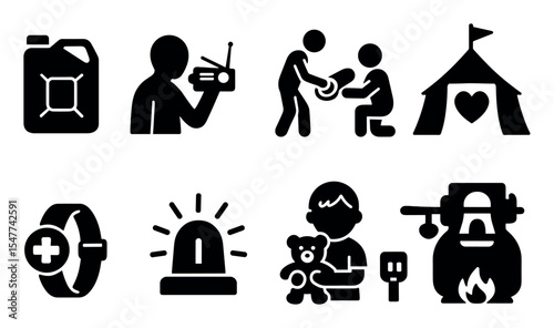 Emergency and aid solid icon set: disaster relief, shelter essentials collection
