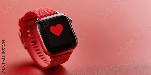A smartwatch with a red band displays a heart symbol on its screen. Concept: modern technology and health