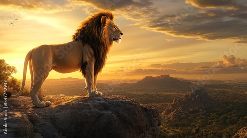 A majestic lion, photorealistic style, detailed fur texture, golden hour lighting, standing on a rocky cliff overlooking a savanna