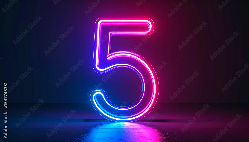 Naklejka premium Glowing neon number 5 five against dark backdrop. Minimalist and stylish design.