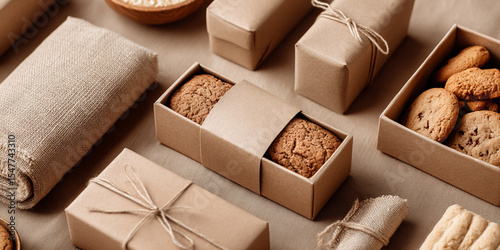 Brown Kraft Paper Gift Boxes Containing Oatmeal Cookies and Linen Fabric Rolls Rustic Neutral Tone Still Life Product Photography