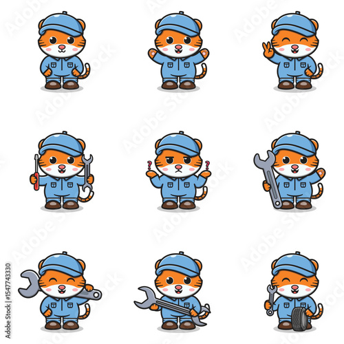 Vector Illustration of Tiger Mechanic Cartoon Character. Mechanic Character Vector Illustration. Tiger Character animal. Mechanic Mascot.
