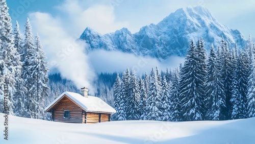 Cozy Snowy Cabin in Alpine Forest with Smoke from Chimney and Mountain View – Peaceful Winter Retreat