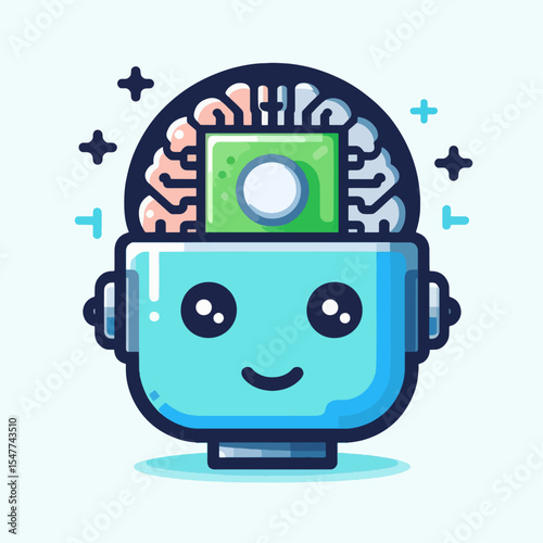 Stylized depiction of a robot head with a friendly expression, showcasing a brain containing a money symbol. The image emphasizes a concept of financial intelligence.