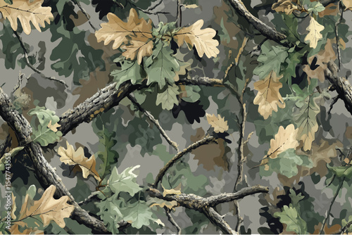 A camouflage pattern with oak leaves and branches, a seamless background for hunting or military design vector illustration