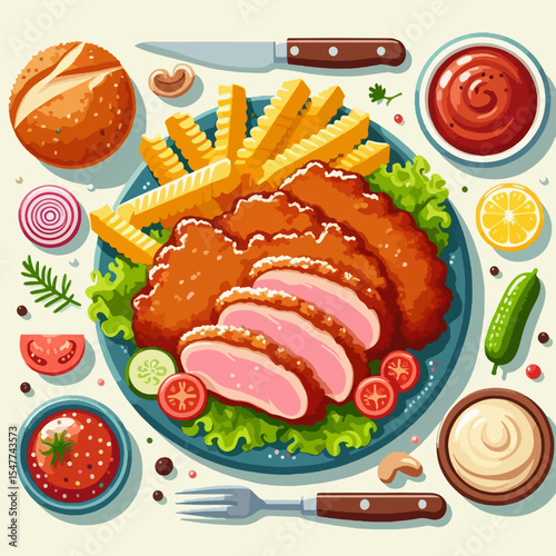 A vibrant overhead view of a delicious fried chicken or schnitzel meal with golden french fries, fresh salad, and an assortment of condiments including ketchup, mayonnaise, and a bread roll.