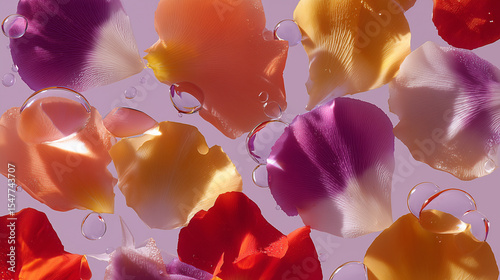 Colorful Flower Petals with Water Drops on Lilac Background