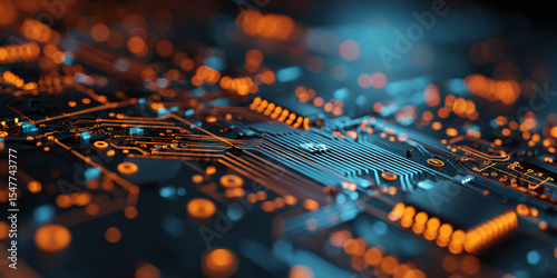 Closeup Detailed View of Circuit Board with Teal and Orange Traces Complex Electronic Components Technology Background