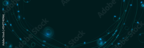 Abstract background with circular lines and glitter. Dark green banner for presentations on the theme of big data. Copy space