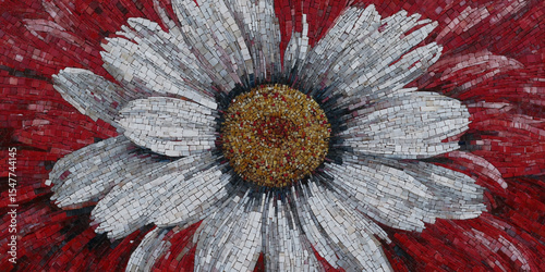 Closeup Red and White Daisy Flower Mosaic Art Tilework Detailed Texture Pattern Background