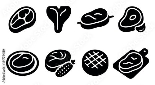 Meat and steak silhouette icon set. grilled food, barbecue cooking essentials.