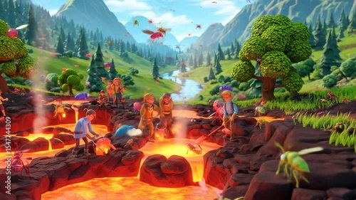 Animated fantasy landscape with characters interacting with lava in a playful cartoon style