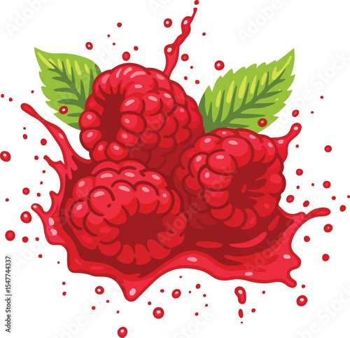 Vibrant Raspberry Splash Illustration Fresh Fruit with Juice and Green Leaves on White