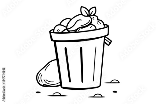 Overflowing Trash Can Line Drawing with Garbage Bags