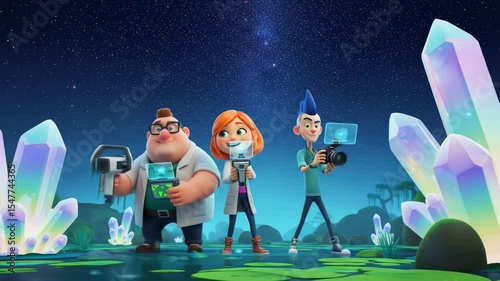 Animated scientists exploring crystal filled swamp in vibrant setting perfect educational or commercial use