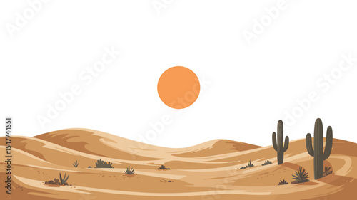 Desert Landscape Illustration Sun, Sand Dunes, and Cacti