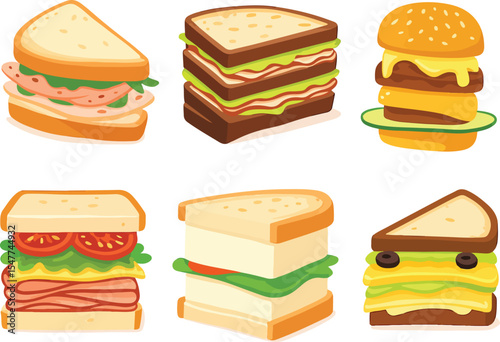 Cartoon Sandwiches and Burger Assortment with Various Fillings Isolated on White Background Vector Illustration
