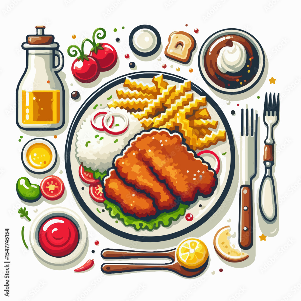 Vibrant graphic illustration of a plate of fried food, including chicken, rice, fries, and various sauces and condiments, presented in an appealing and artistic style.